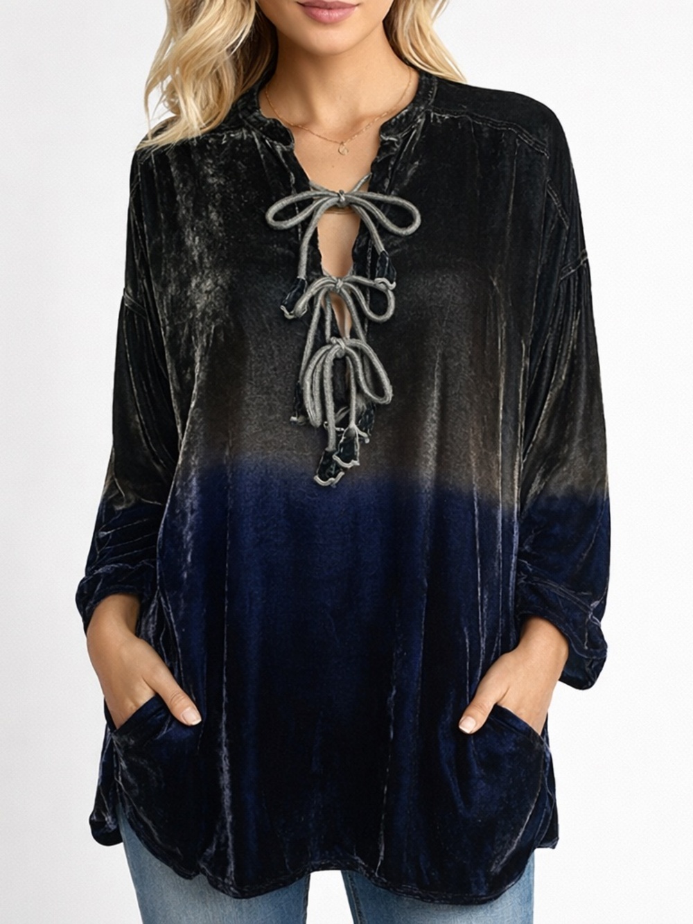 Johnny Was Pete & Greta Soft Velvet Tunic Green Blue Ombre Tie Front Boho Silk S